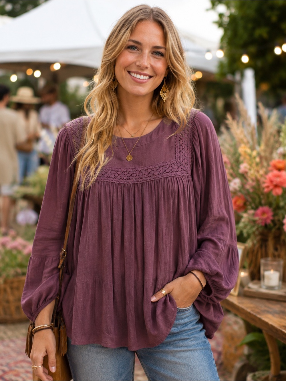 Current Air Women's Boho Lace Yoke Polyester Long Sleeve Top - Plum Size Small
